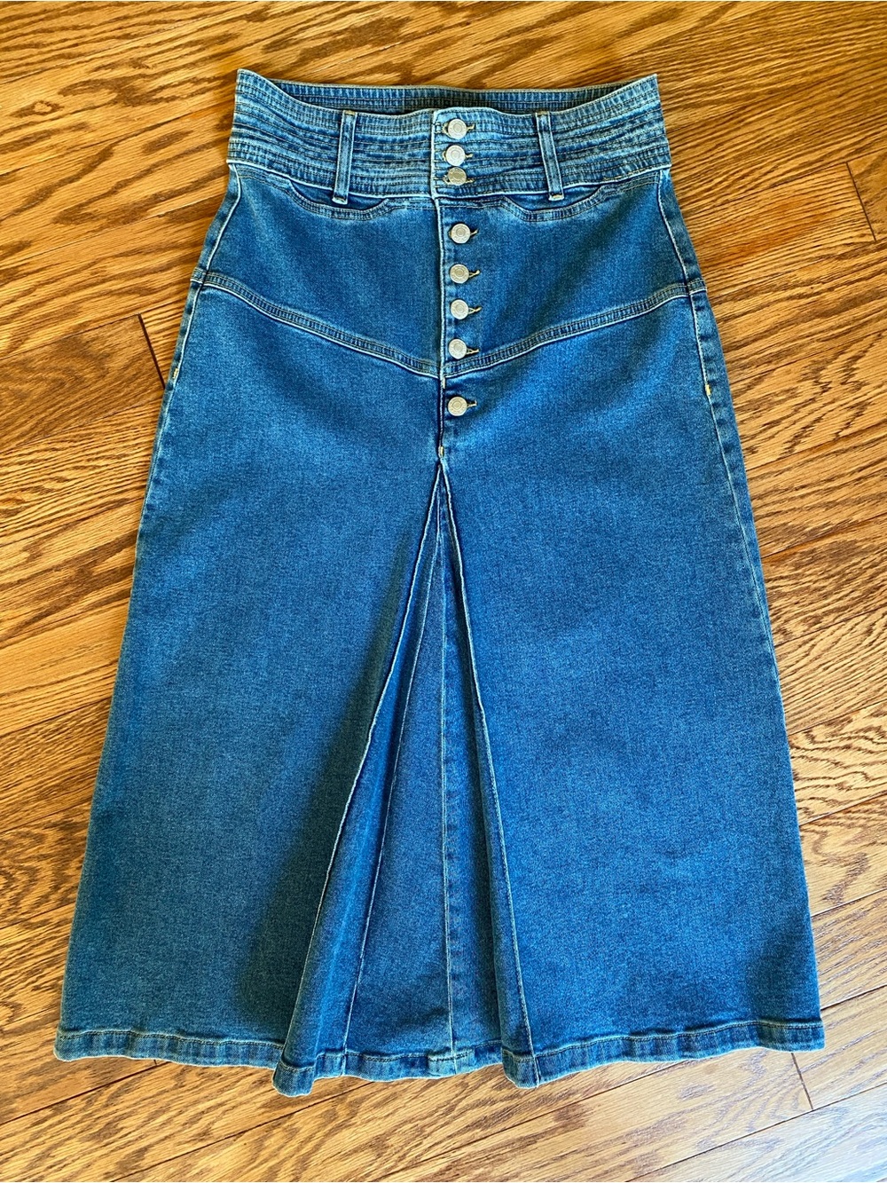 NA-KD Denim Midi Skirt Button Front Pleated Godet A-Line Sz 8-10